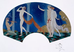 Fan design with classical image of Pan playing the pan-pipes and a dancer and couple in a wood, from 